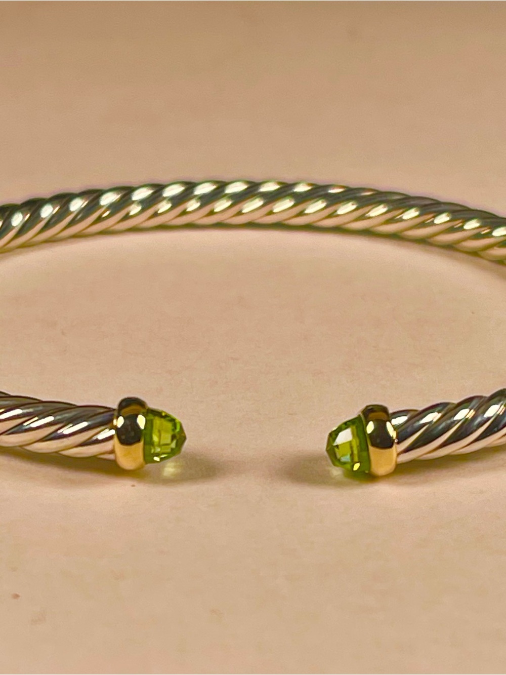 David Yurman cable flex bracelet silver with 14k and peridot, 4mm. Size medium